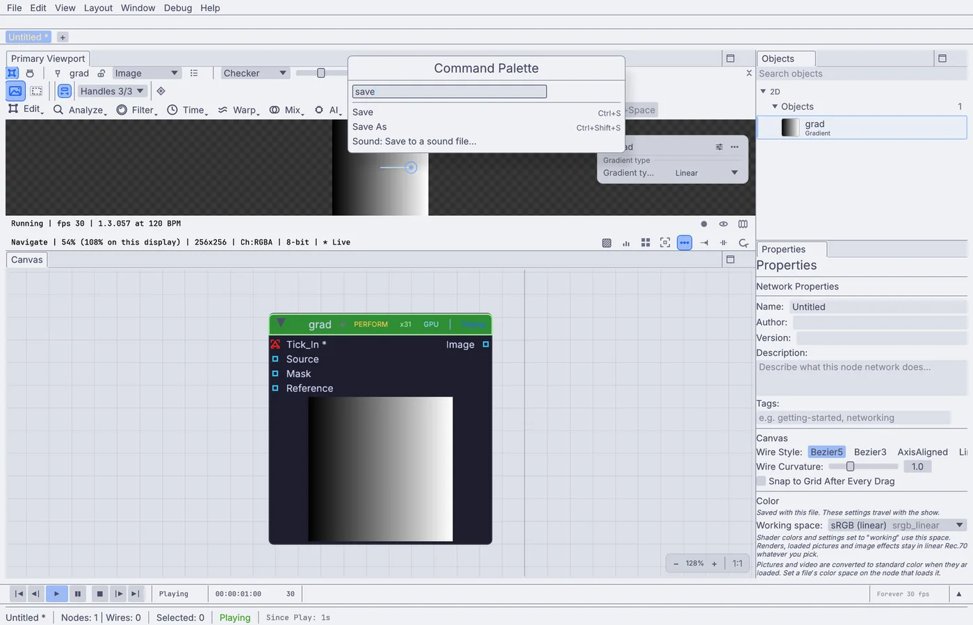 The command palette open over a graph, with save typed in and three matching commands listed with their keys.