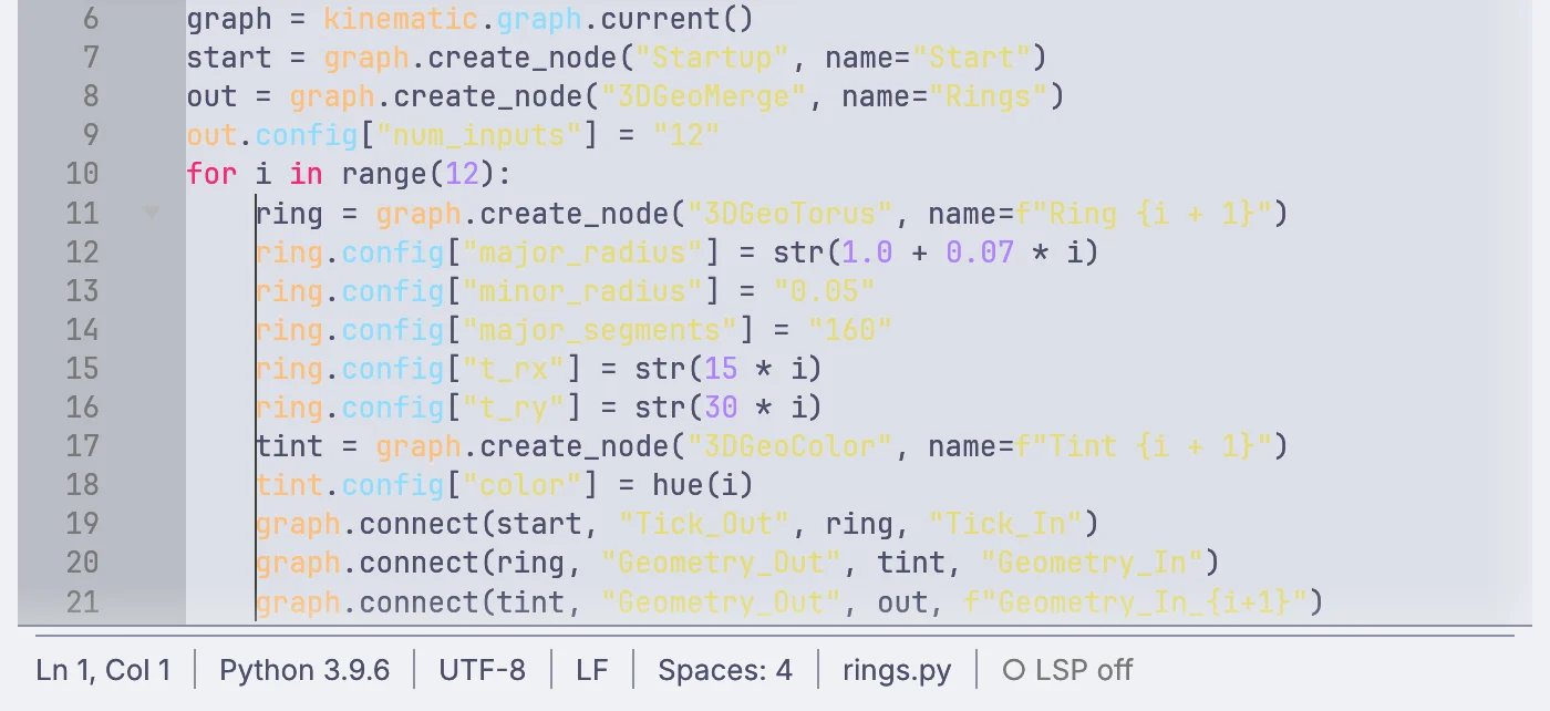 the Python editor with a script that builds a graph
