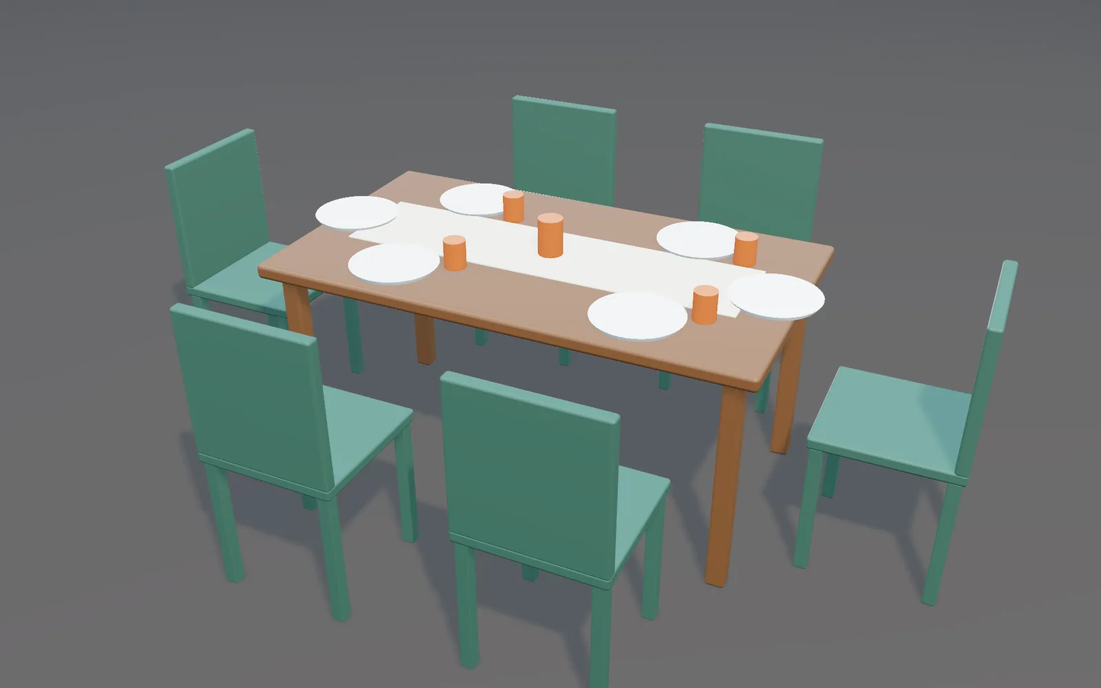 Chairs around a set table with plates and a cup