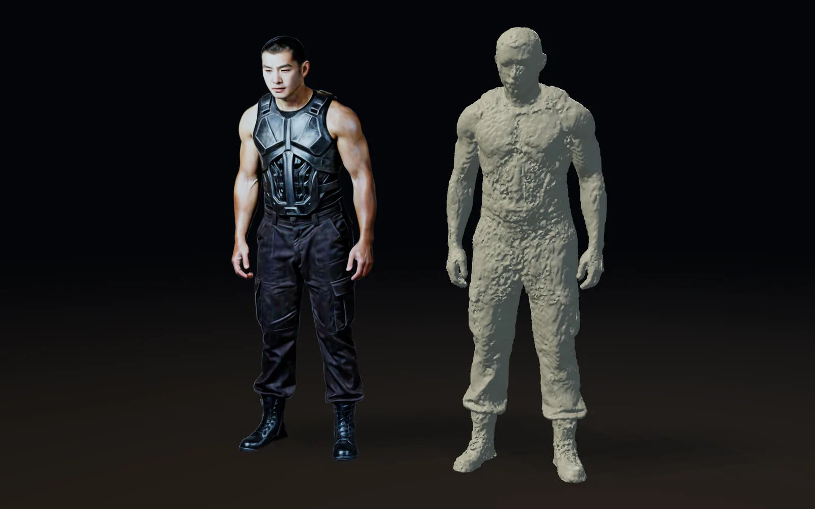 a scanned man in body armor beside the solid built from his scan · scan by Erant (superspl.at), CC BY 4.0