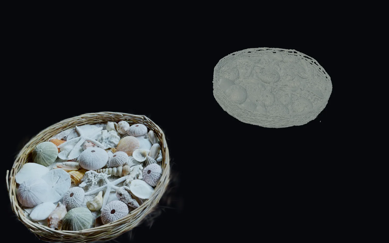 A scanned basket of shells beside the mesh made from it