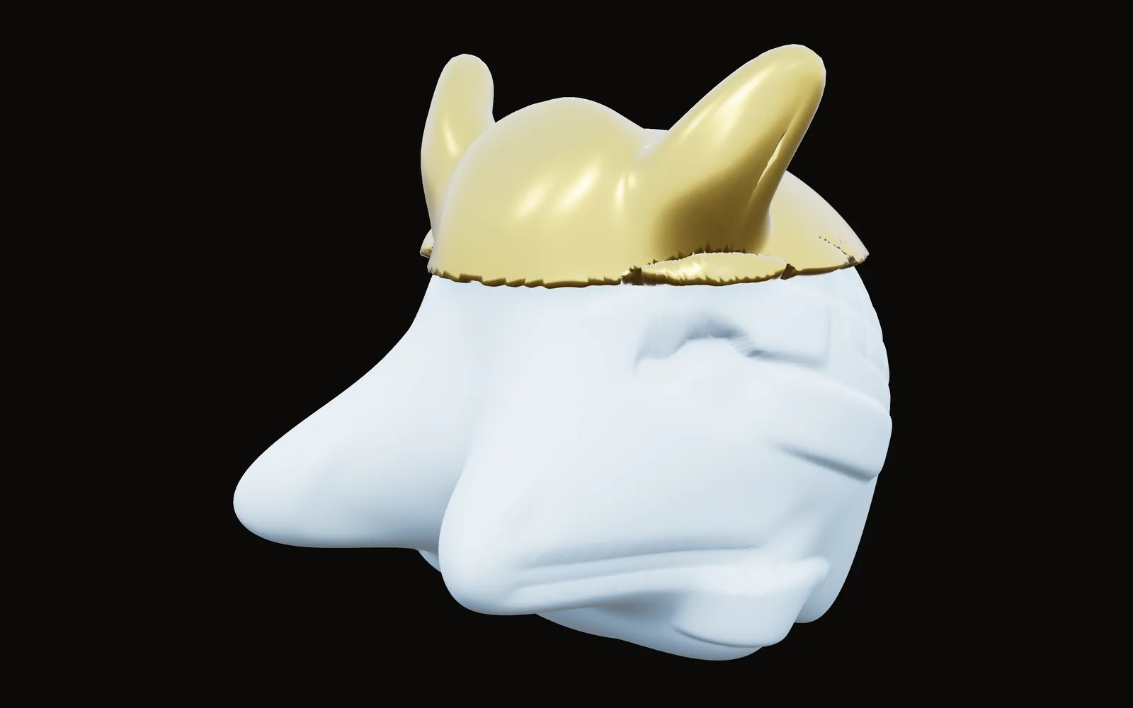 a horned helmet lifted off a sculpted head as its own thick shell