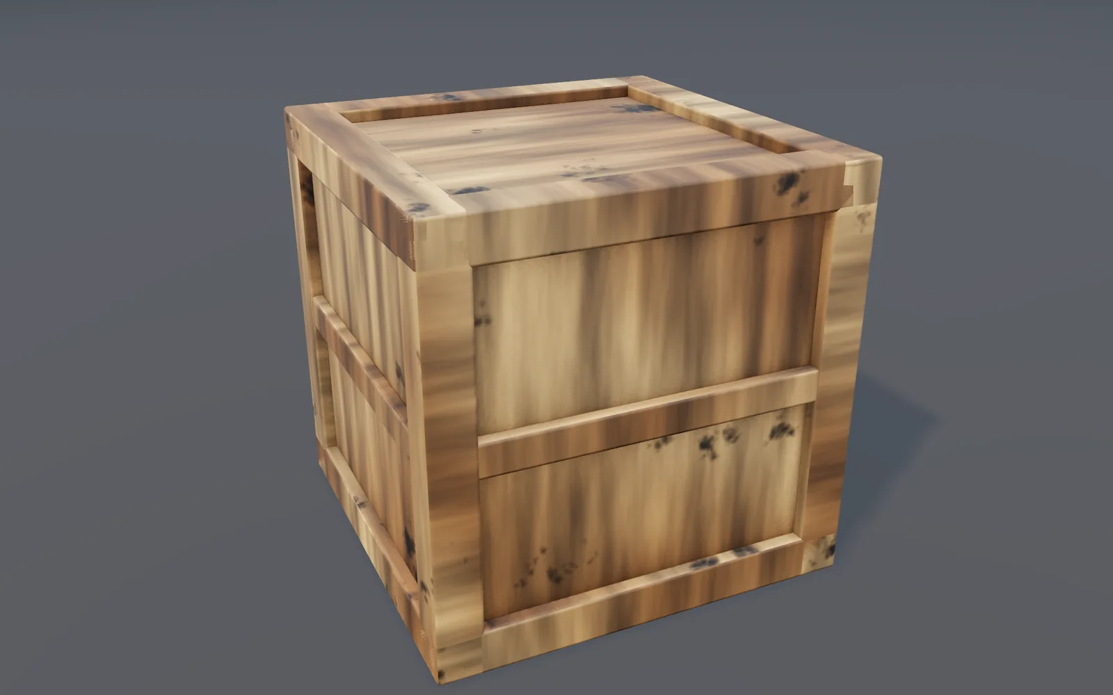 a wooden crate painted with a wood layer and a dirt layer, darker where the corners meet