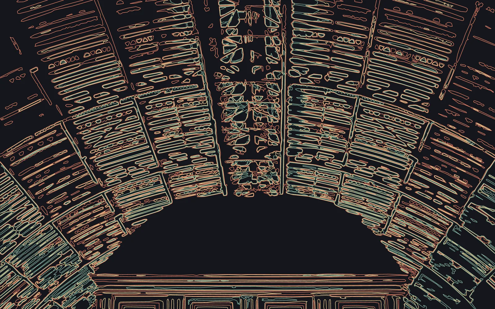 a photo of an iron roof traced into clean curves at three levels