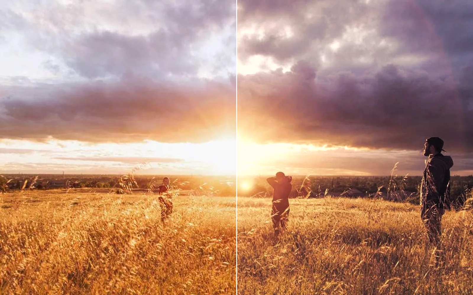 the sunset field before and after the warm film look