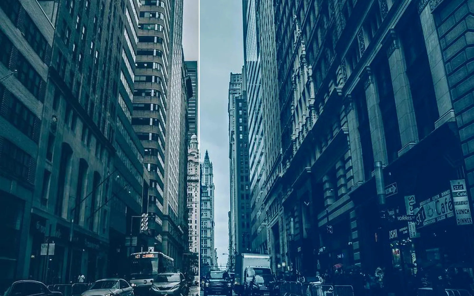 the city street before and after: teal midtones, blue shadows, a clean sky