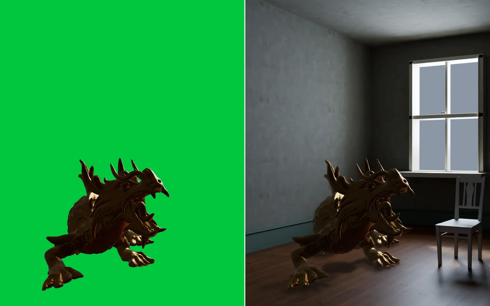 a CG dragon shot on green, then keyed with a room placed behind