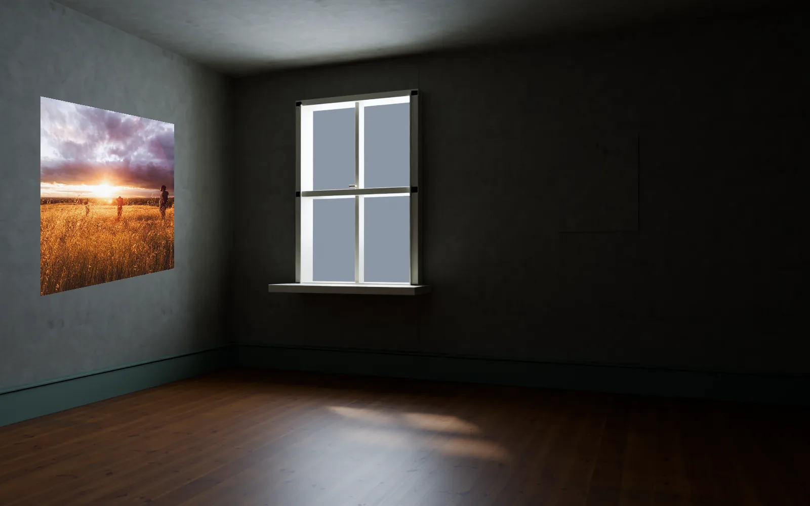 a sunset print hung on the angled wall of an empty room