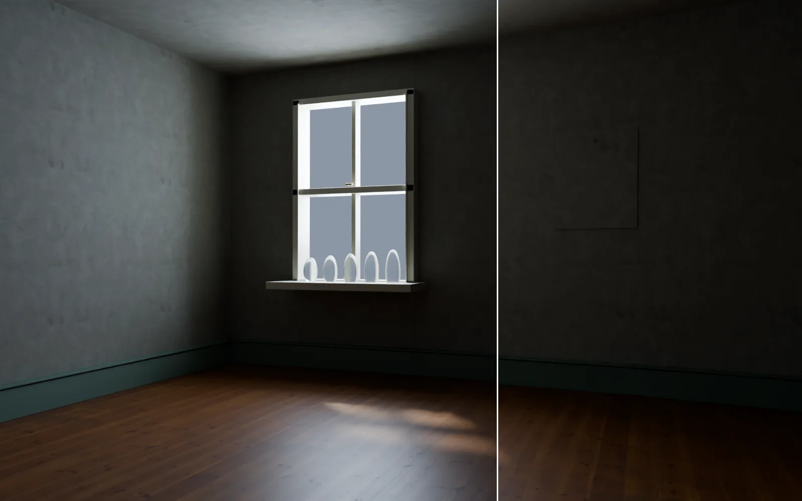 a dark empty room before and after: lens bend out, walls squared, shadows opened