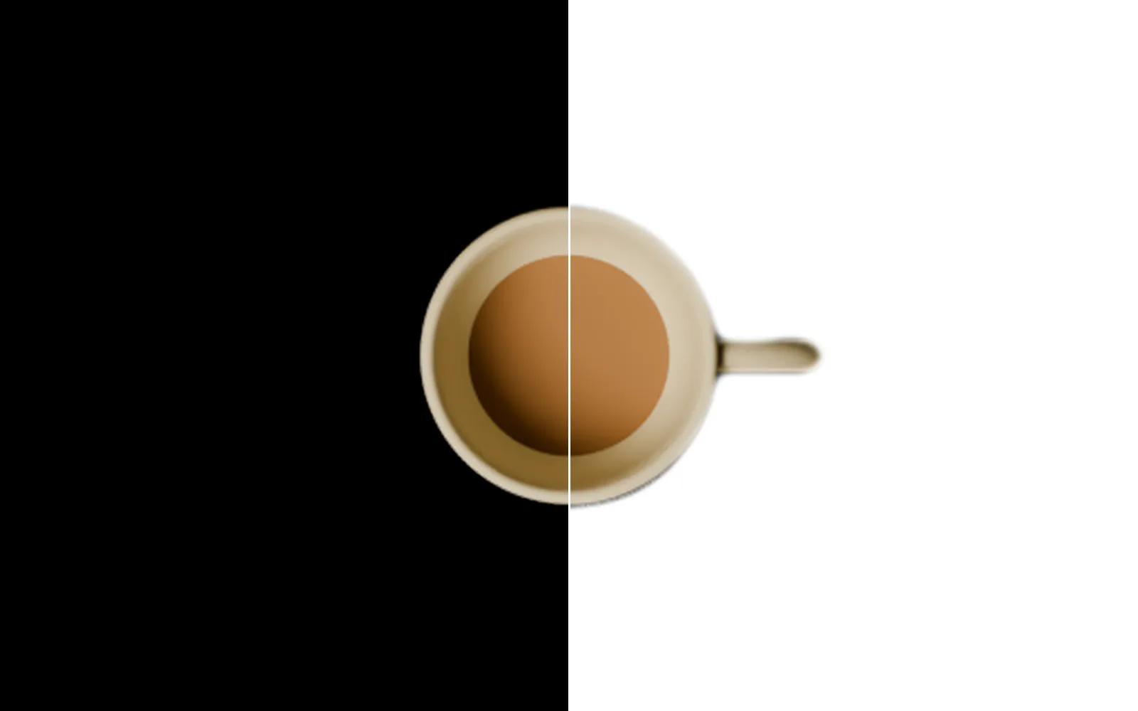 the cup on its dark backdrop and on clean white, split down the middle