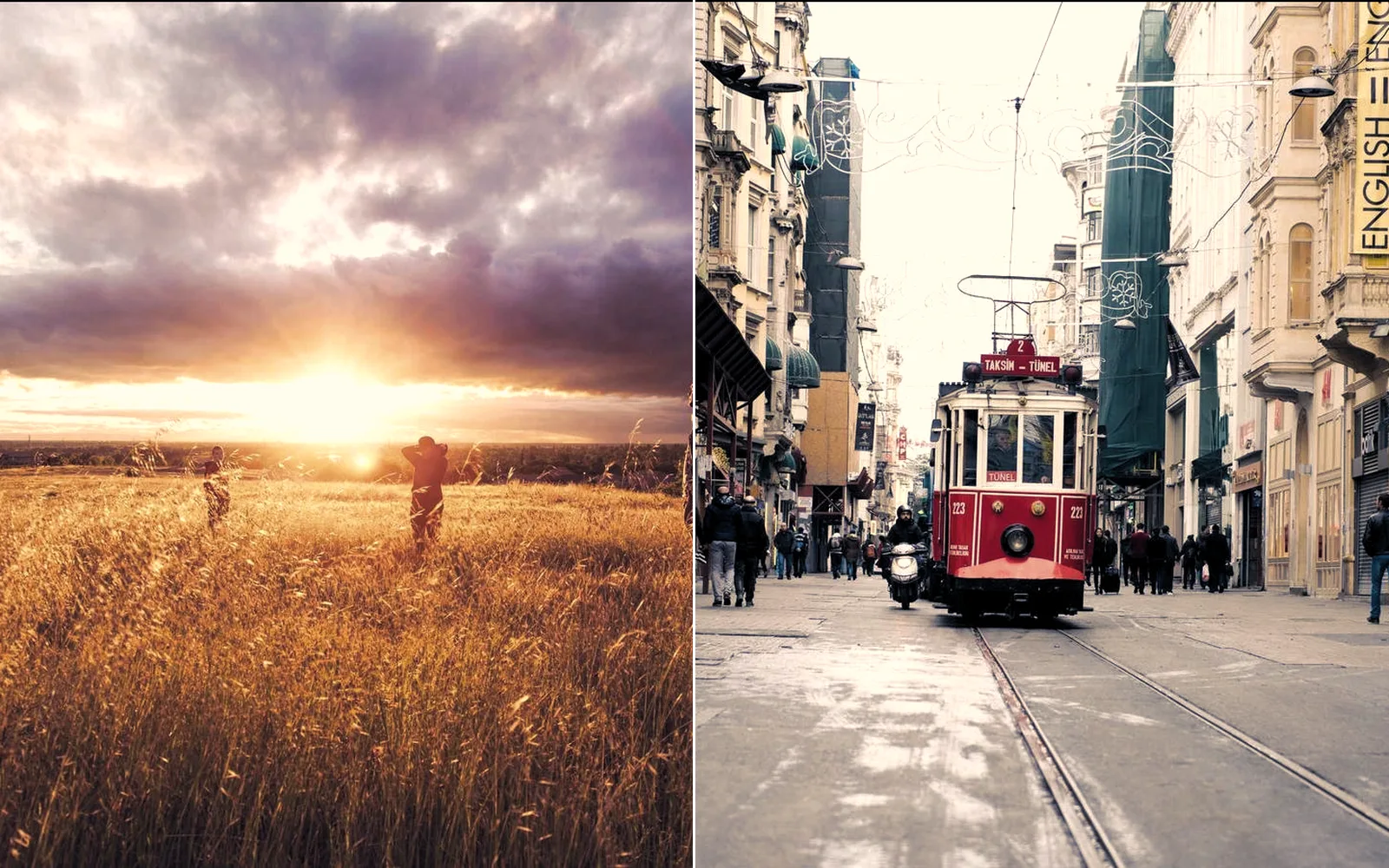 A sunset field and a tram street sharing one warm look