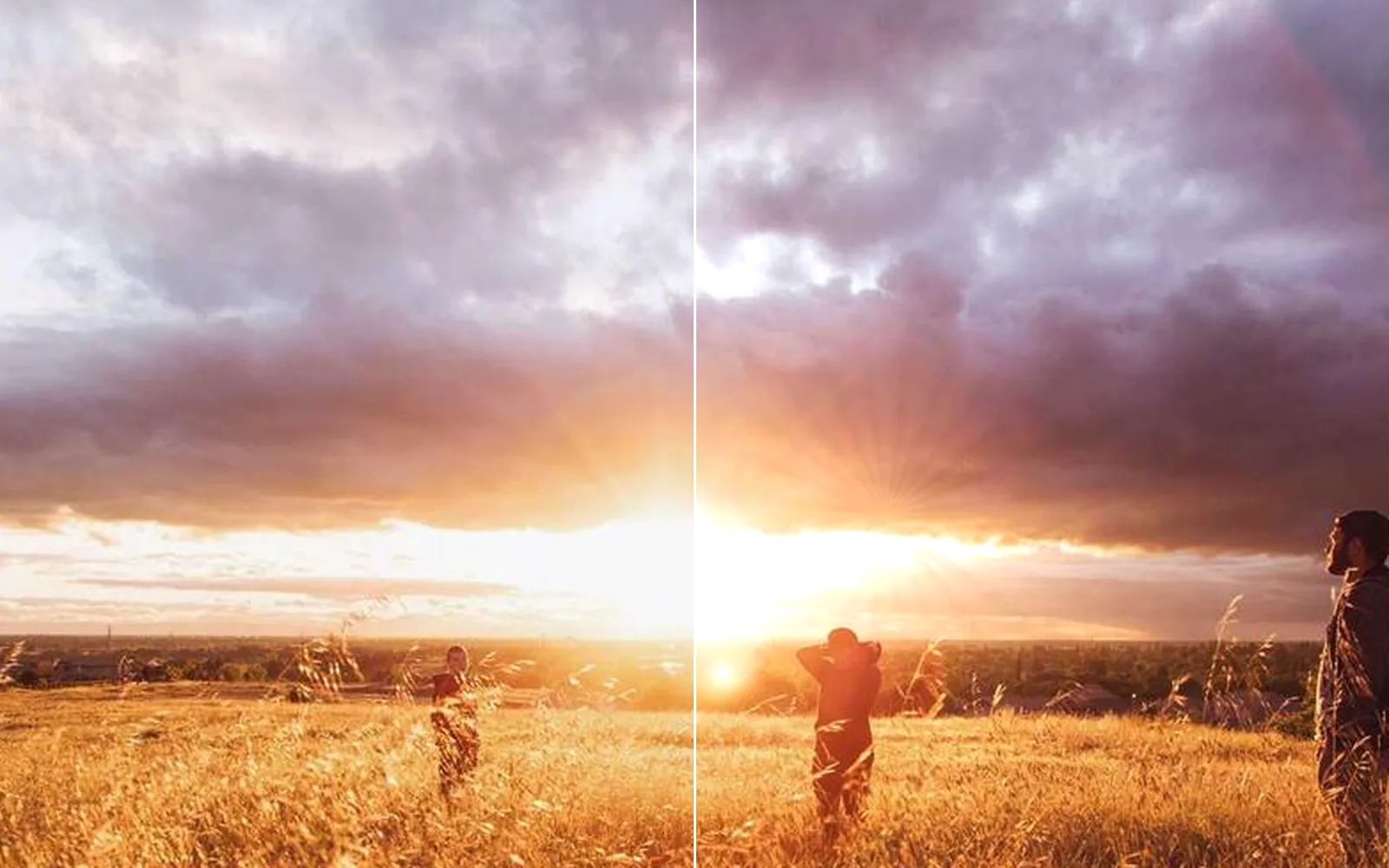 a sunset before and after light rays and a lens flare