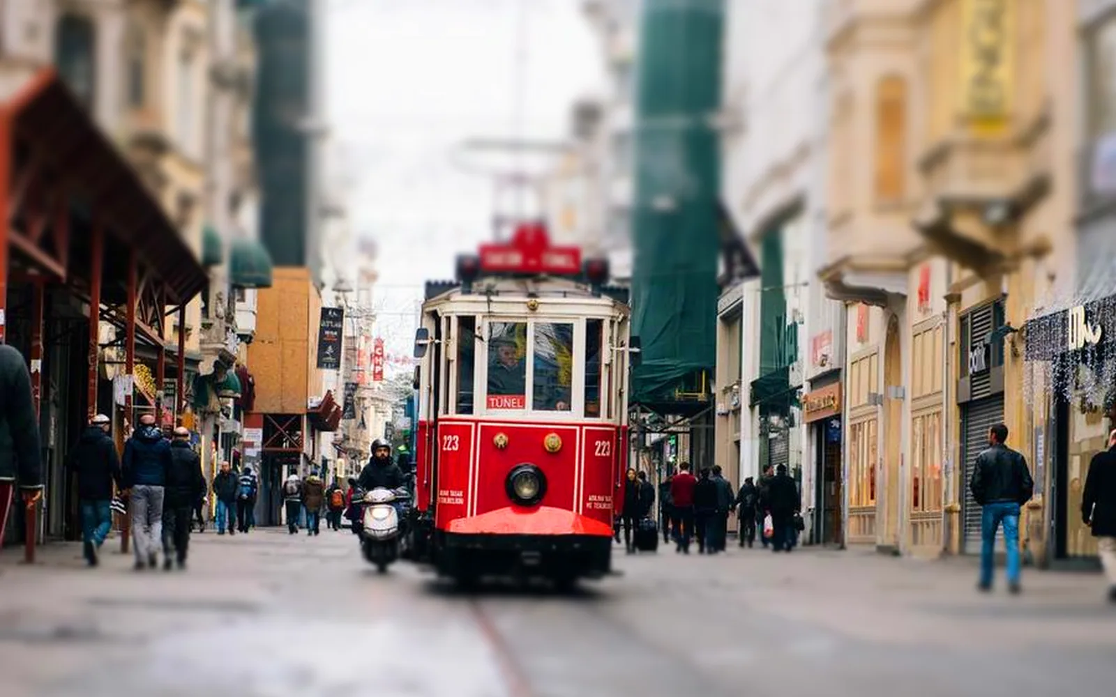 A tram street with a tilt-shift blur