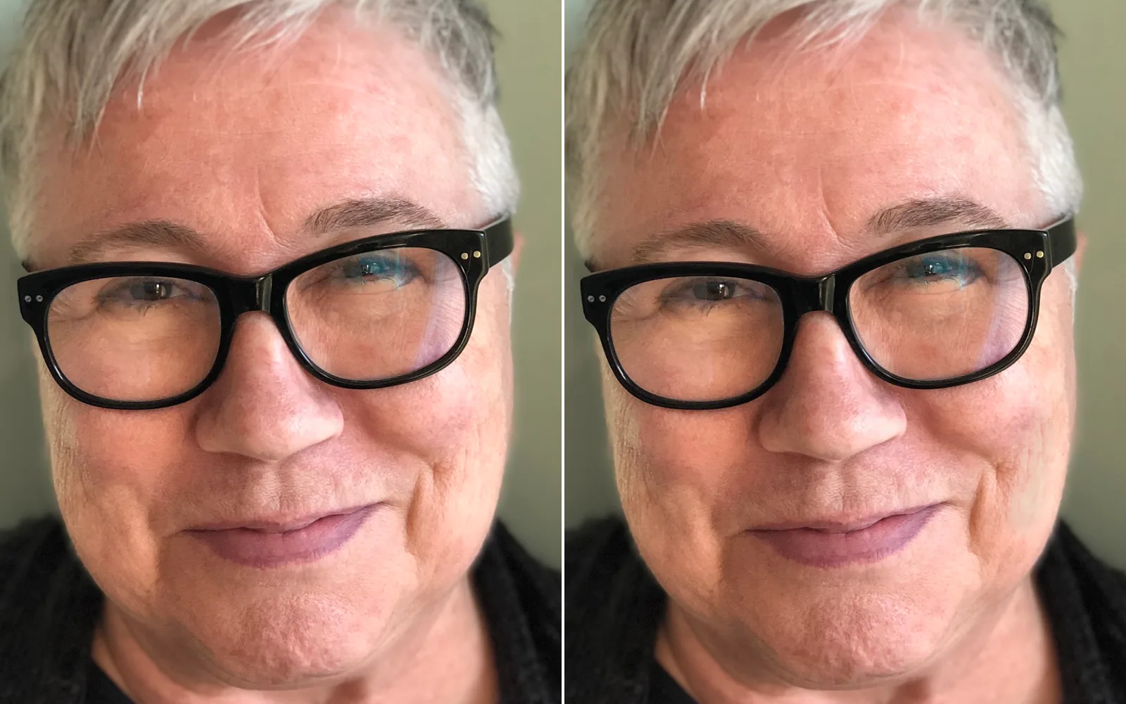 a smiling self-portrait before and after: the eyes lifted behind her glasses, the cheeks shaded a touch, the catchlights brightened · Photo: Elizabeth MacKenzie, self-portrait, CC BY 4.0 (retouched in Kinematic)