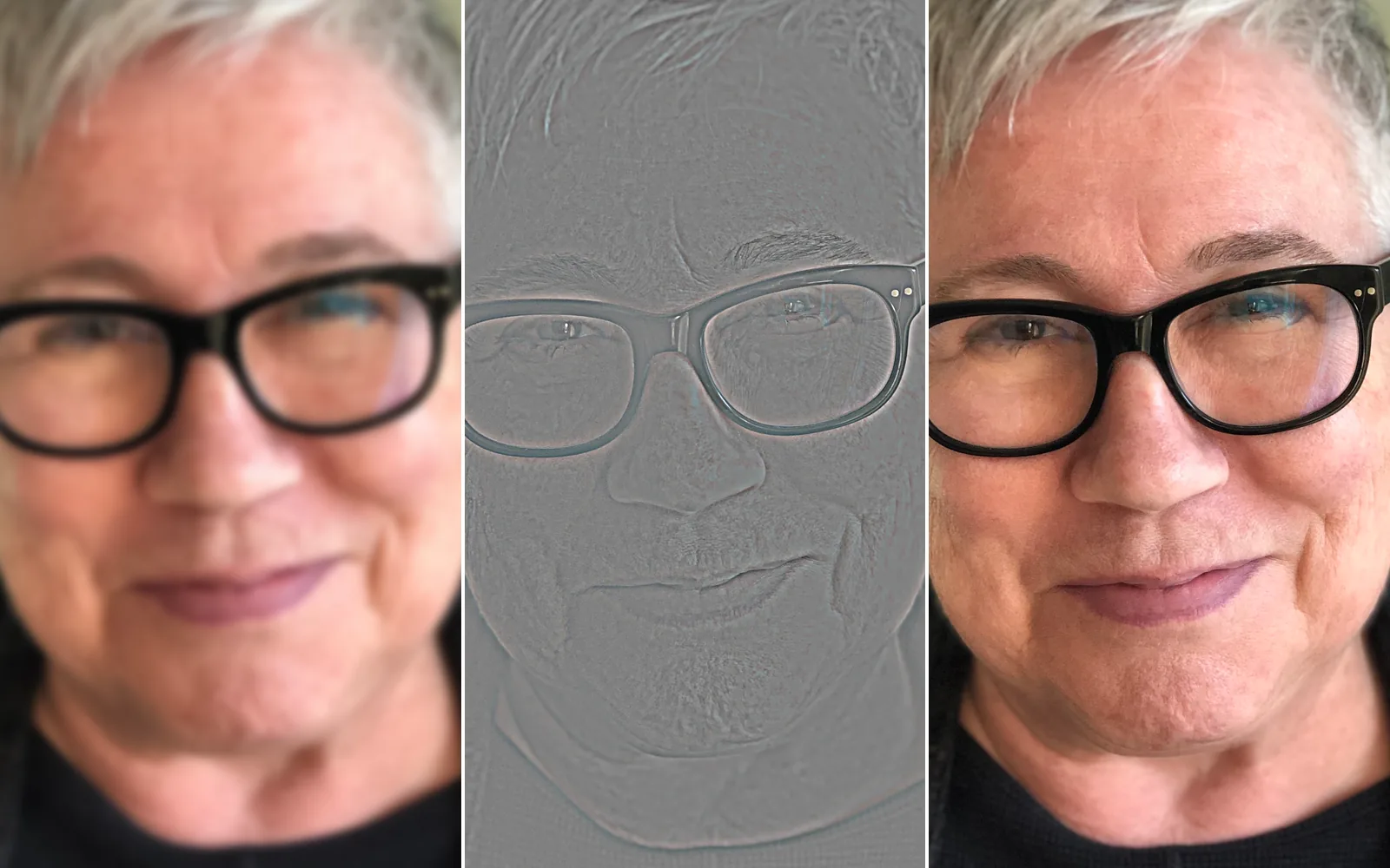 a self-portrait in soft daylight split into tone and texture, then joined back with the marks healed and the blotches evened · Photo: Elizabeth MacKenzie, self-portrait, CC BY 4.0 (retouched in Kinematic)