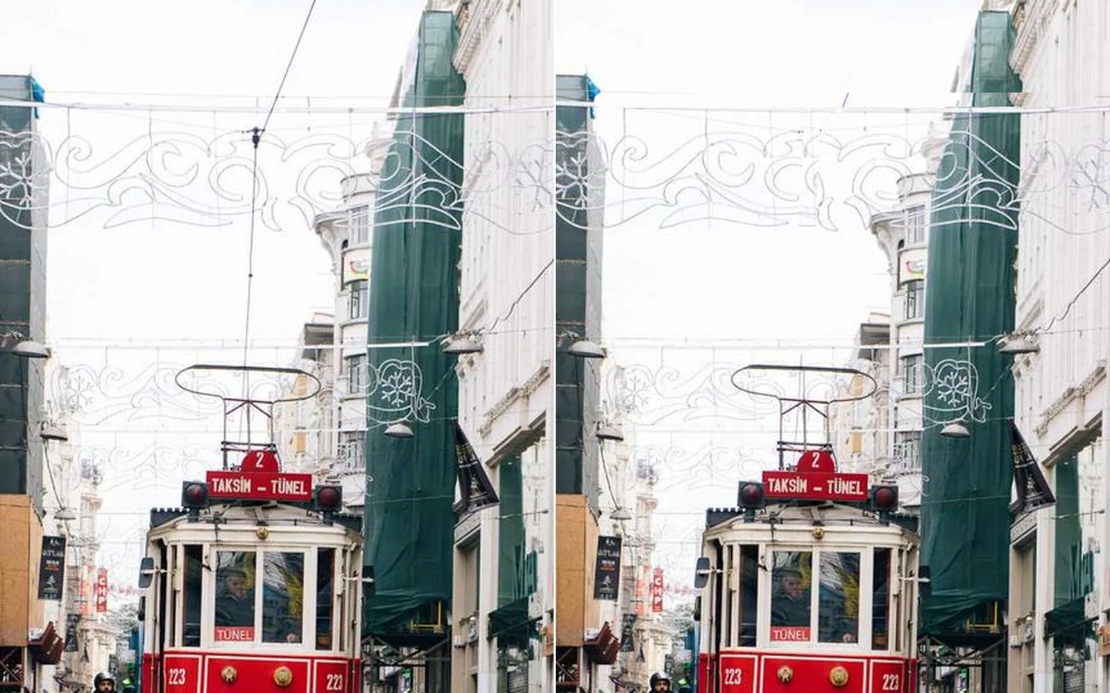 a tram street before and after, the overhead wire cloned out of the sky