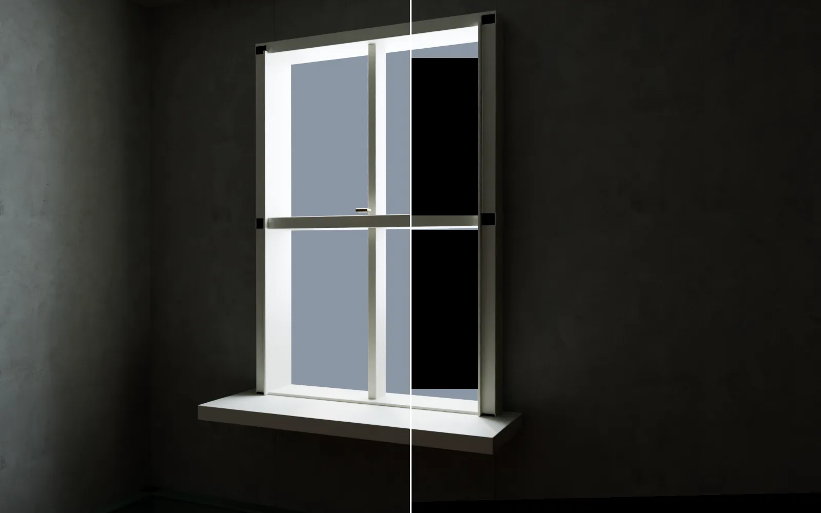 a wall masked for projection, before and after: the window panes go black