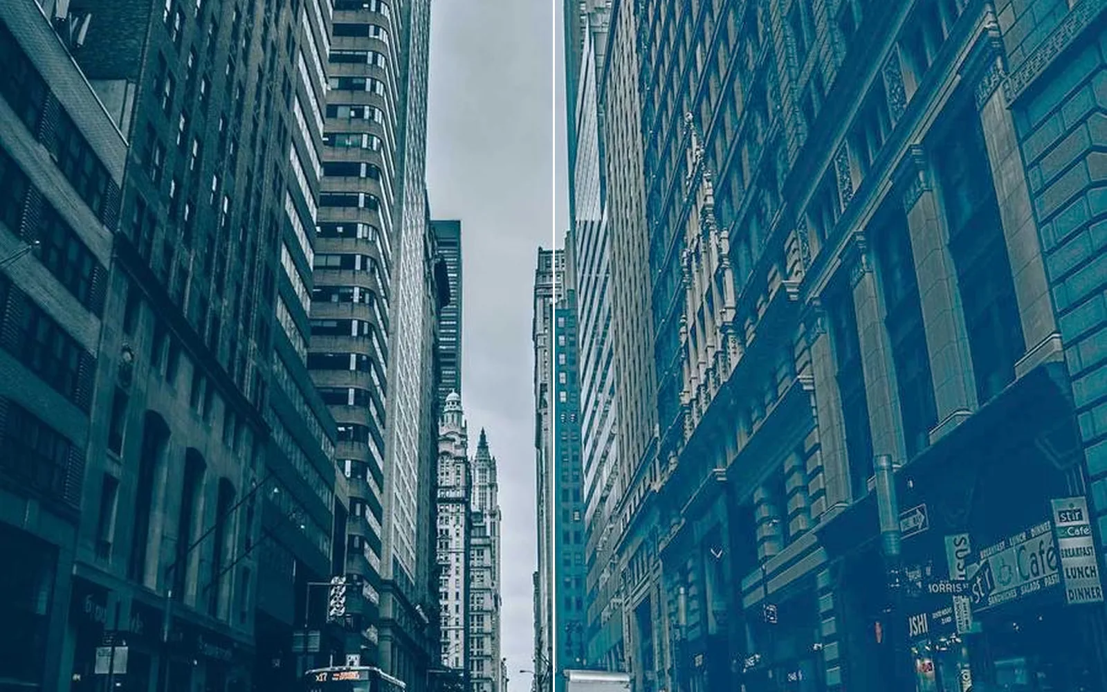 a dark street canyon: only the shadows lift, the bright sky stays put