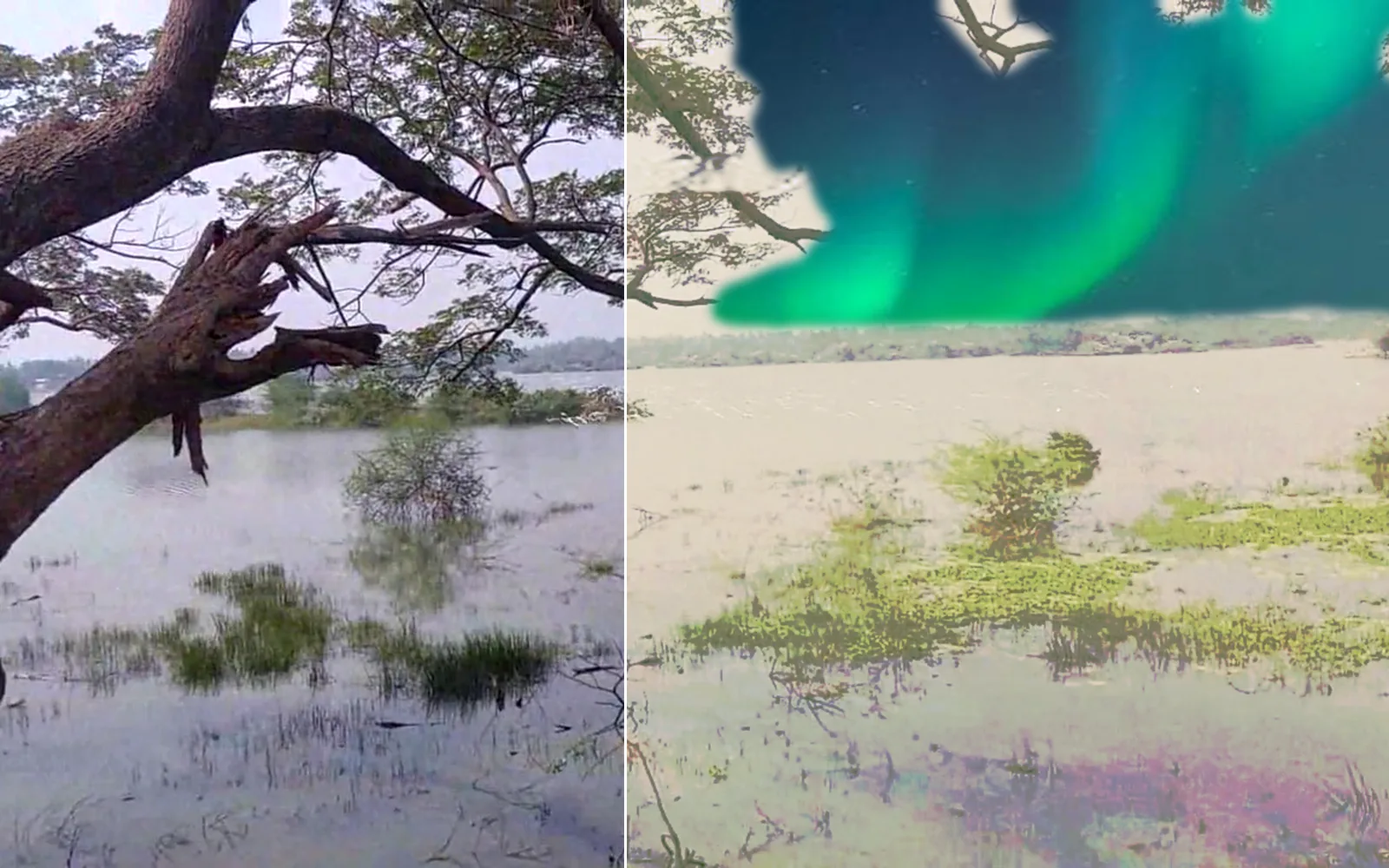 the hazy lake as a matte painting: an old painting's colors and a new sky inside the old one