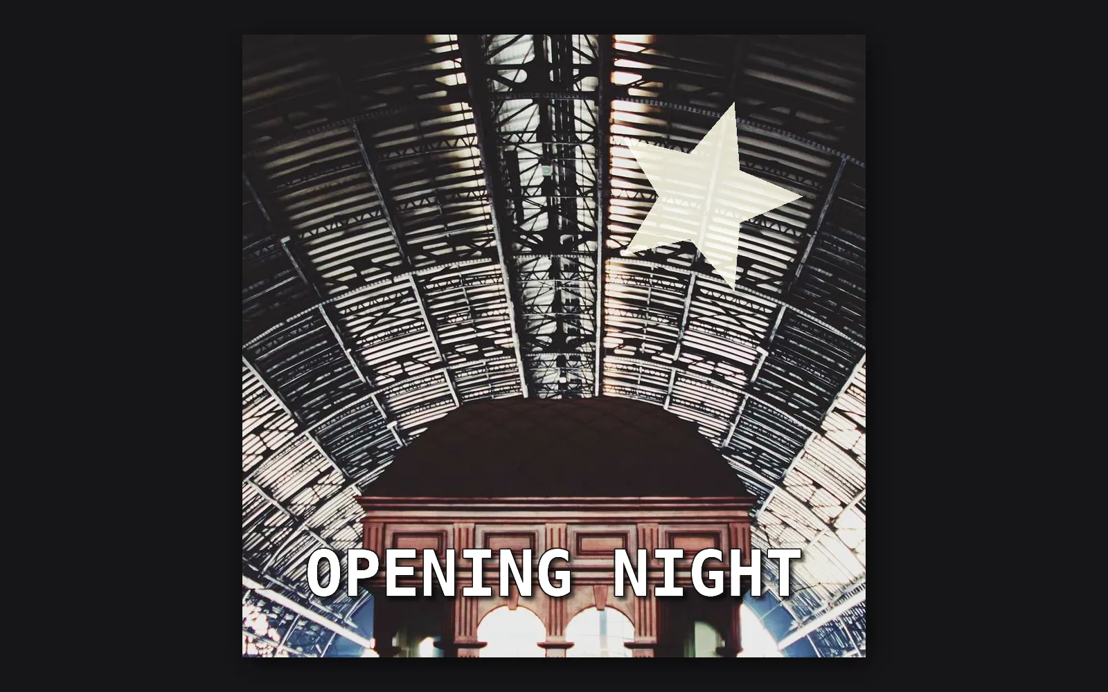a glowing star and a stroked, shadowed title over the station roof
