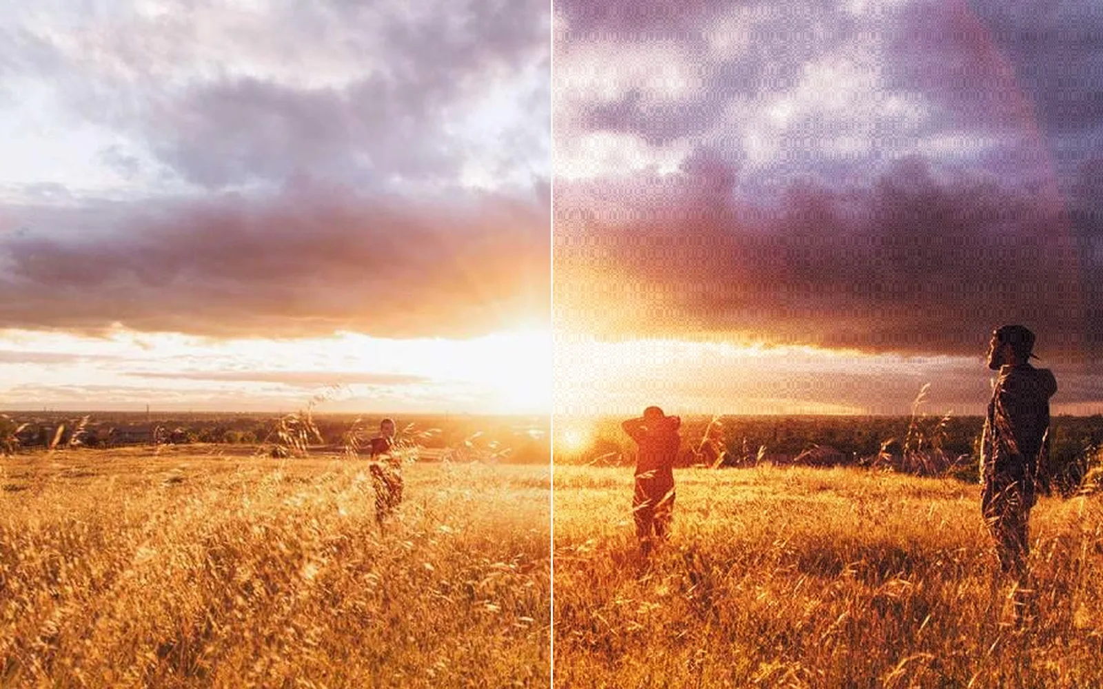 a sunset on the left, with a film print look on the right