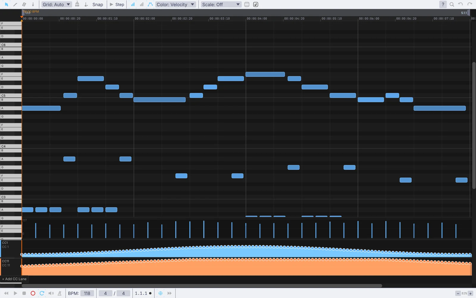 a MIDI file loaded with its mod wheel and expression lanes