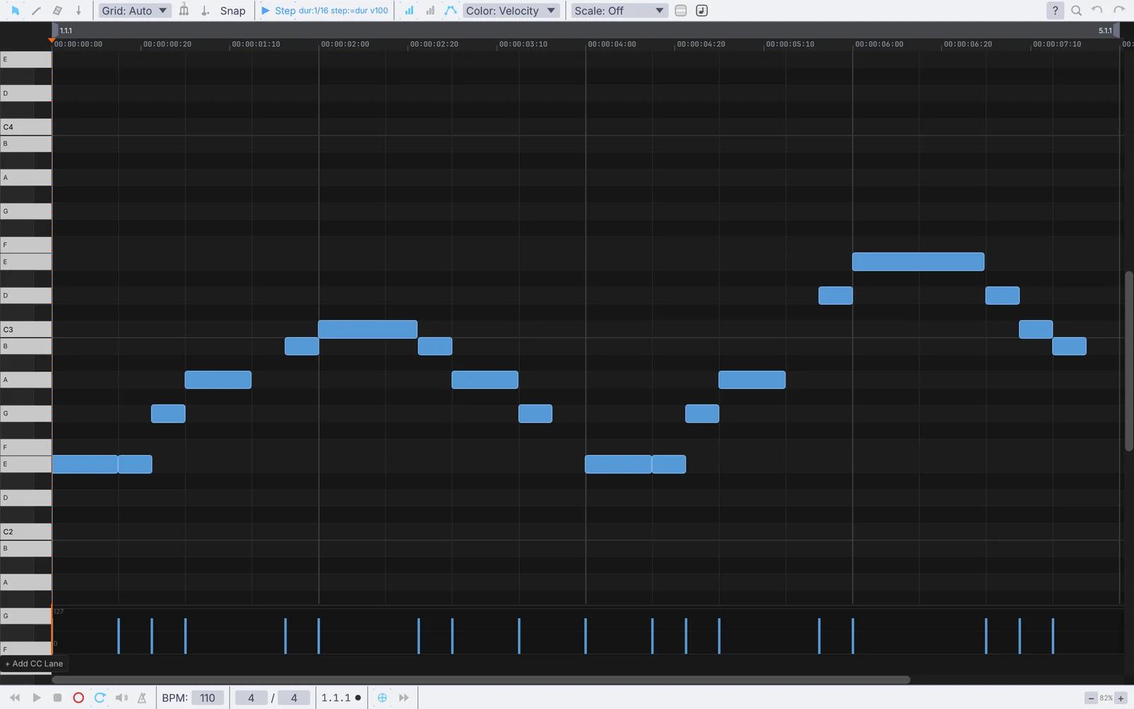 a bassline stepped in note by note, step input on