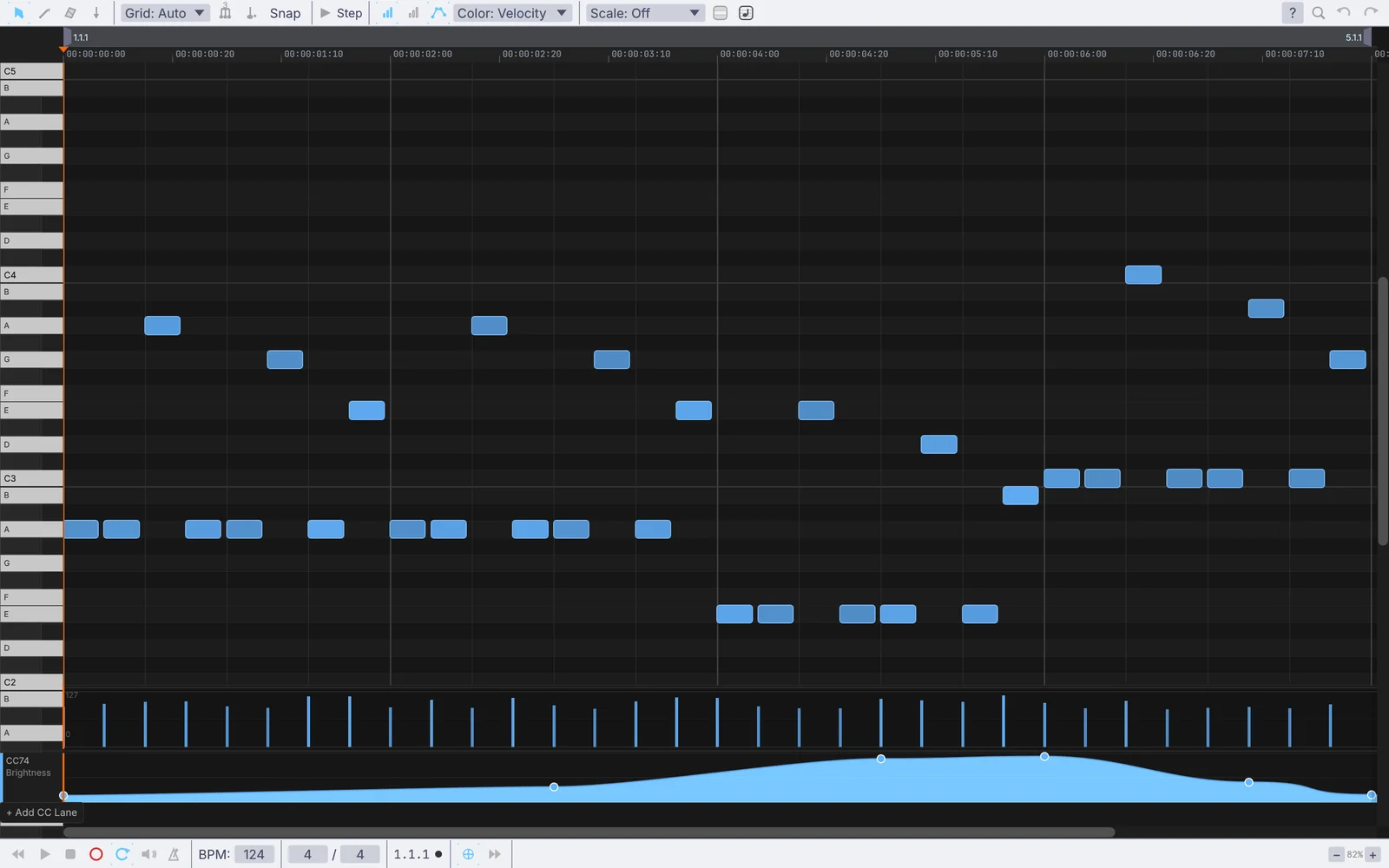 A bassline in the piano roll with a sweep drawn in a lane below