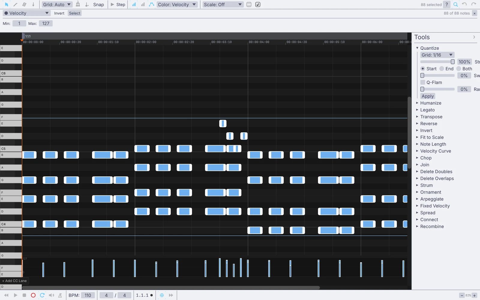 A selected keys take with the Quantize tool open