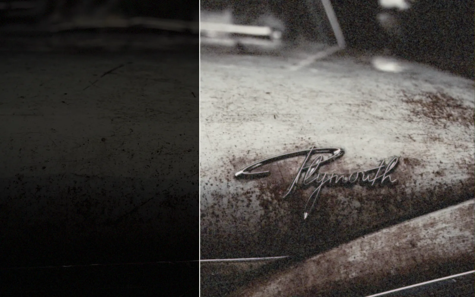 A dark photo of an old car before and after brightening