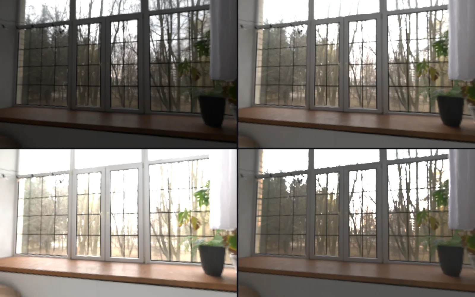 three exposures of one room, made from a single interior capture, and the merge at bottom right that holds both the window and the room