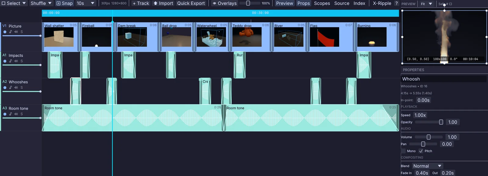 the video timeline: renders on the picture track and sound clips on three tracks below, with one selected and its volume, pan and fades open on the right
