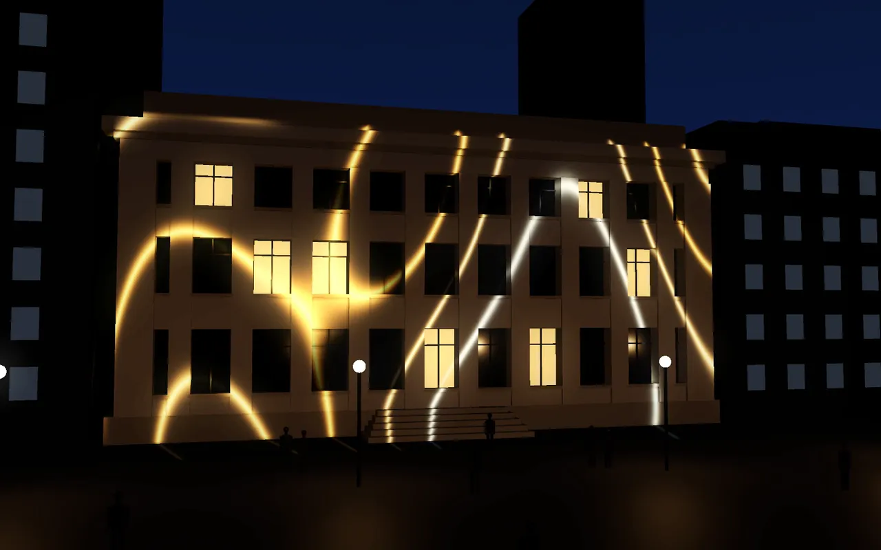 a projector throwing moving lines of light across a stone building front at night, previewed in 3D