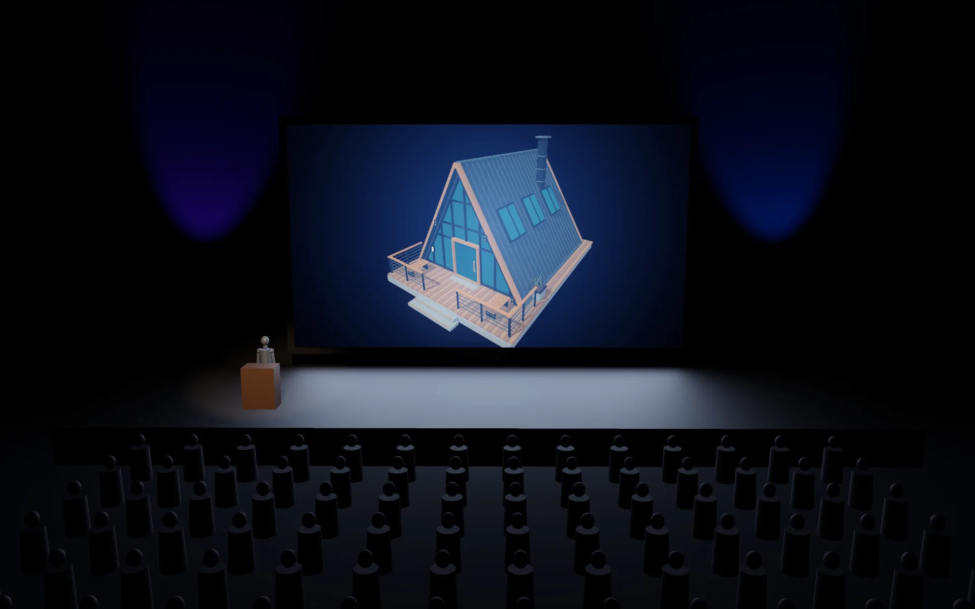 A hall built in 3D: rows of seats, a speaker at the lectern and a model house on the big screen