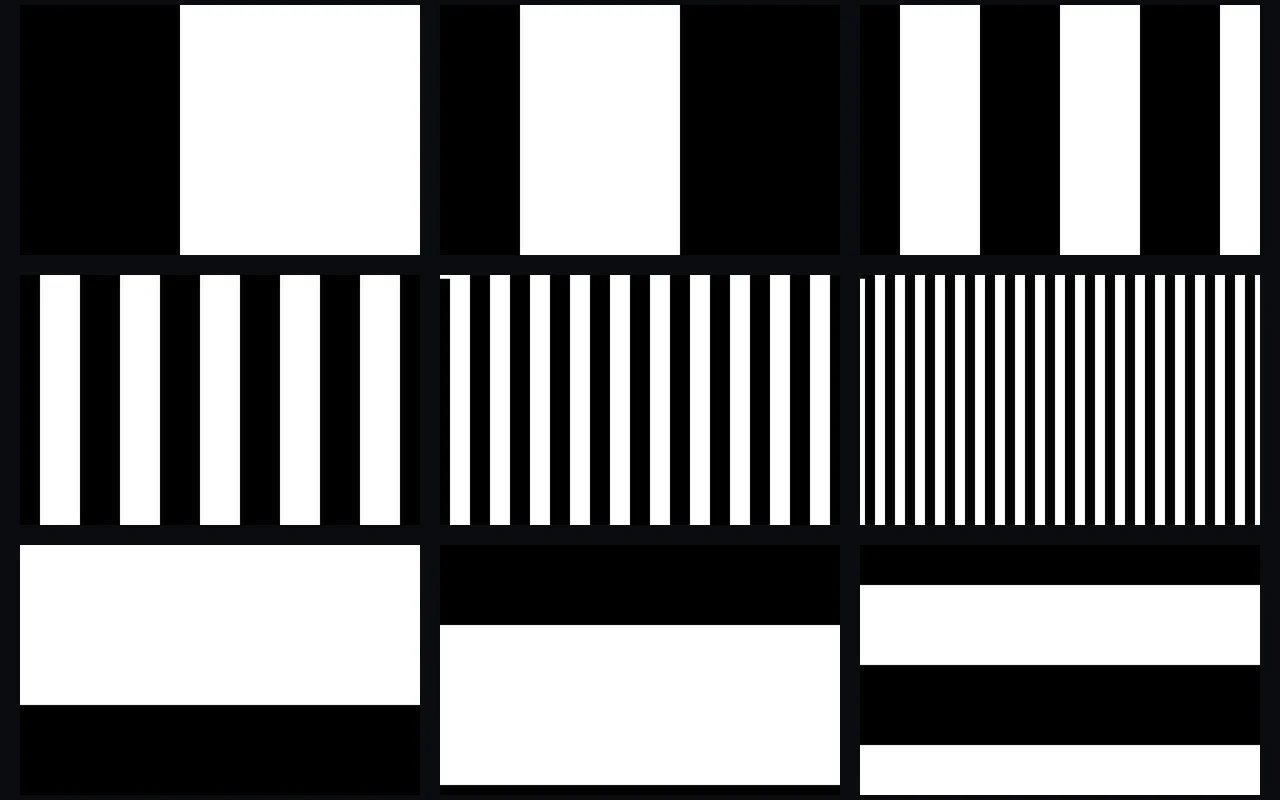 nine of the stripe patterns a projector throws while the camera watches