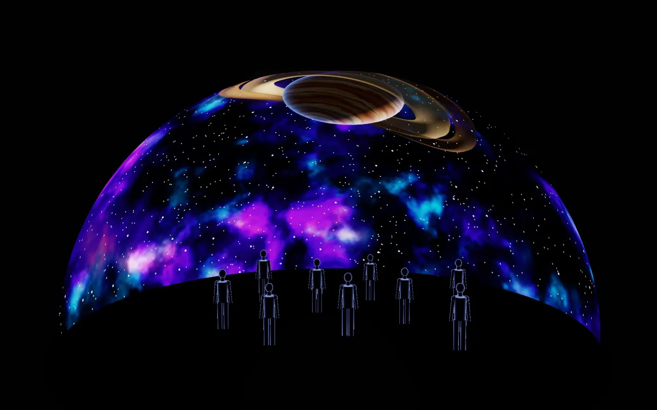 a dome previewed in 3D, the show on its inside and visitors under it