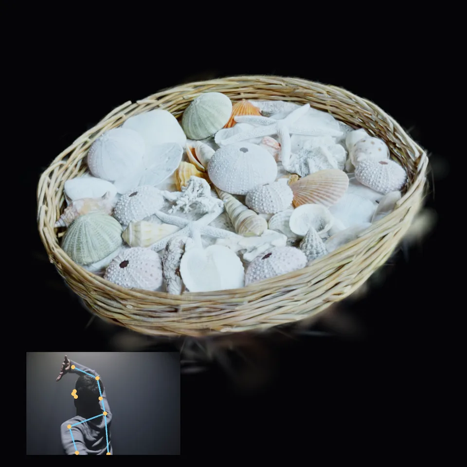 a scanned basket of shells that turns and tips toward a visitor's raised hand