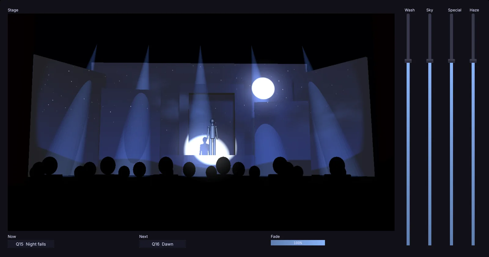 A booth panel in Perform Mode: the stage at night with the moon and a special on the actor, Now Q15 Night falls, Next Q16 Dawn, a fade bar, and faders for Wash, Sky, Special and Haze