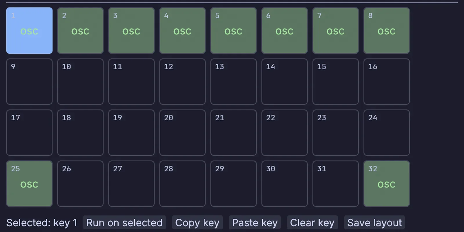 The Stream Deck layout window: keys 1 to 8 each send a cue over OSC, with back and go on the bottom row