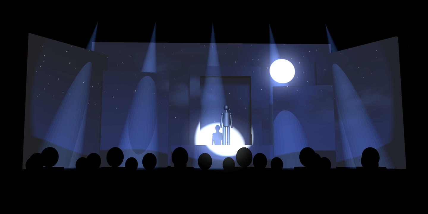 A stage seen from the stalls: a projected sky across the set fades from dusk to night with stars and a moon, while the backlight beams and the special on the actor turn from amber to blue
