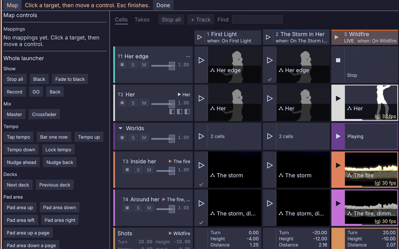 Map mode: click a target in the window, then move a control on the controller