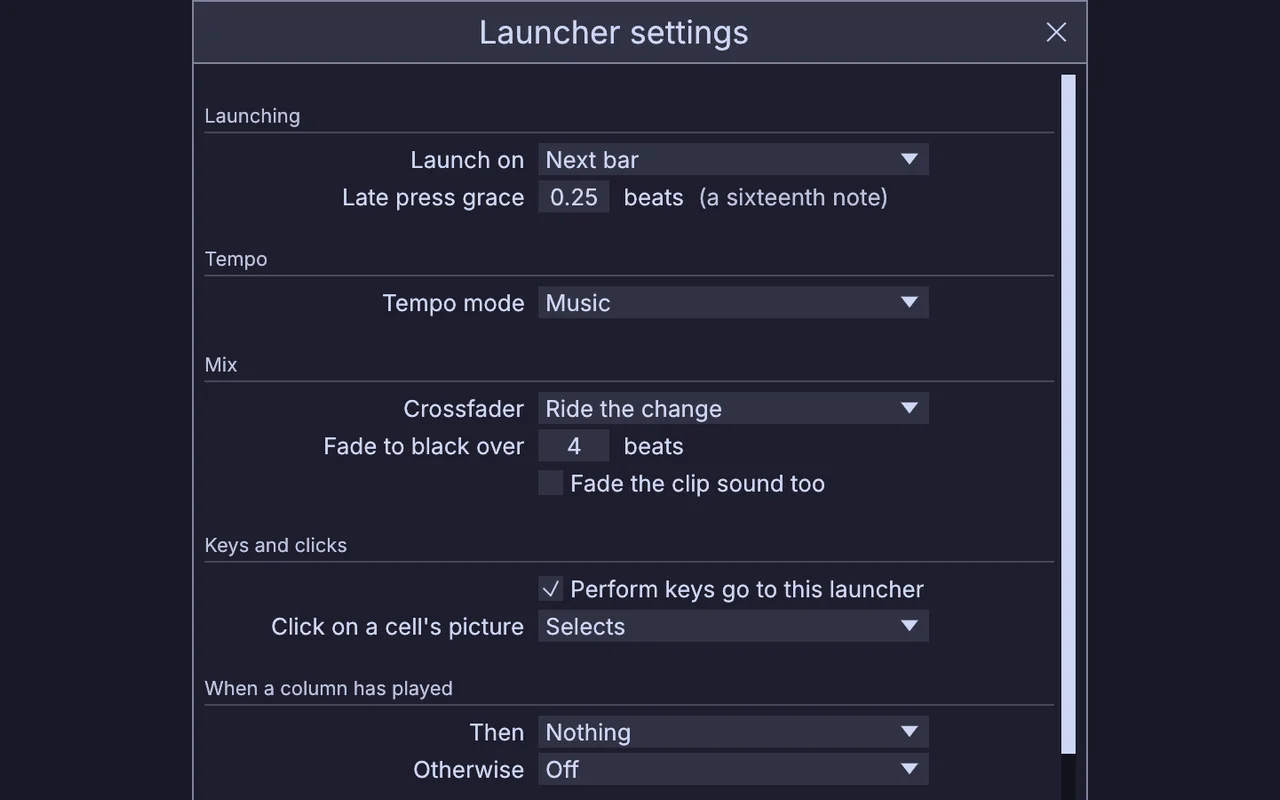 Launcher settings: Launch on the next bar, a late press grace of a sixteenth note, the crossfader set to Ride the change
