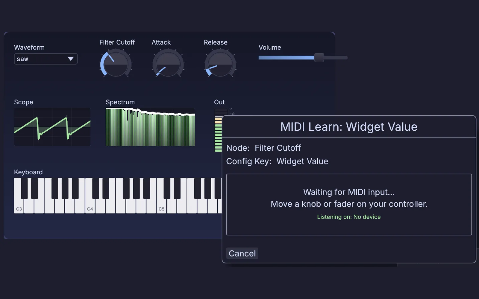 MIDI Learn open on the Filter Cutoff dial of a synth panel, waiting for you to move a knob or fader