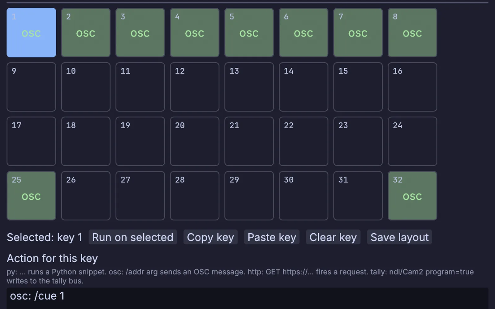 the Stream Deck Layout window: keys 1 to 8 send cue 1 to cue 8, with back and go on the bottom row