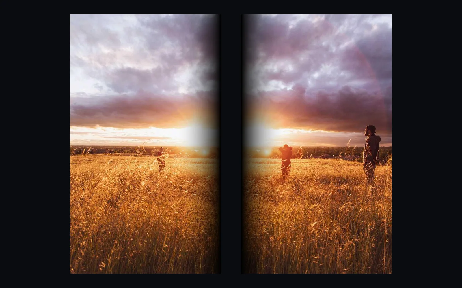 a sunset photo split into two projector halves, each with a soft edge where they overlap