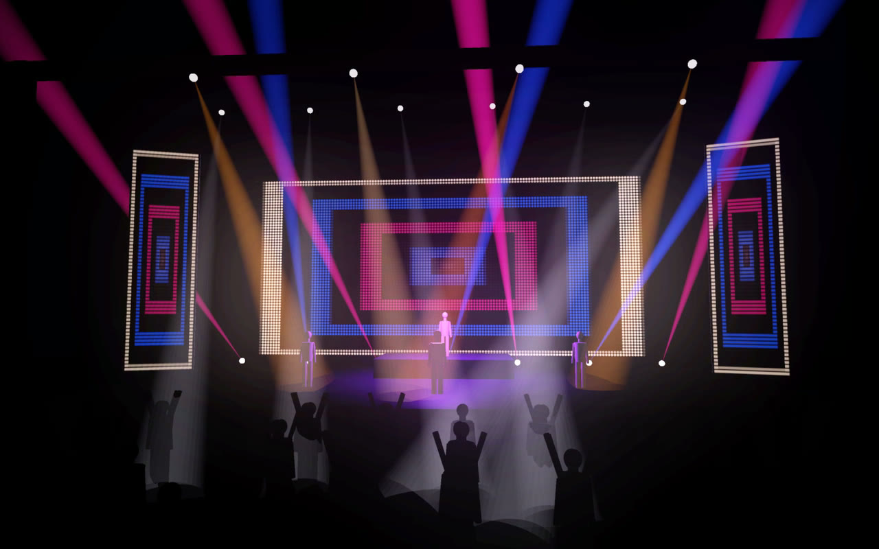 A concert stage in Perform Mode: an LED wall, beam fans and moving heads over the crowd