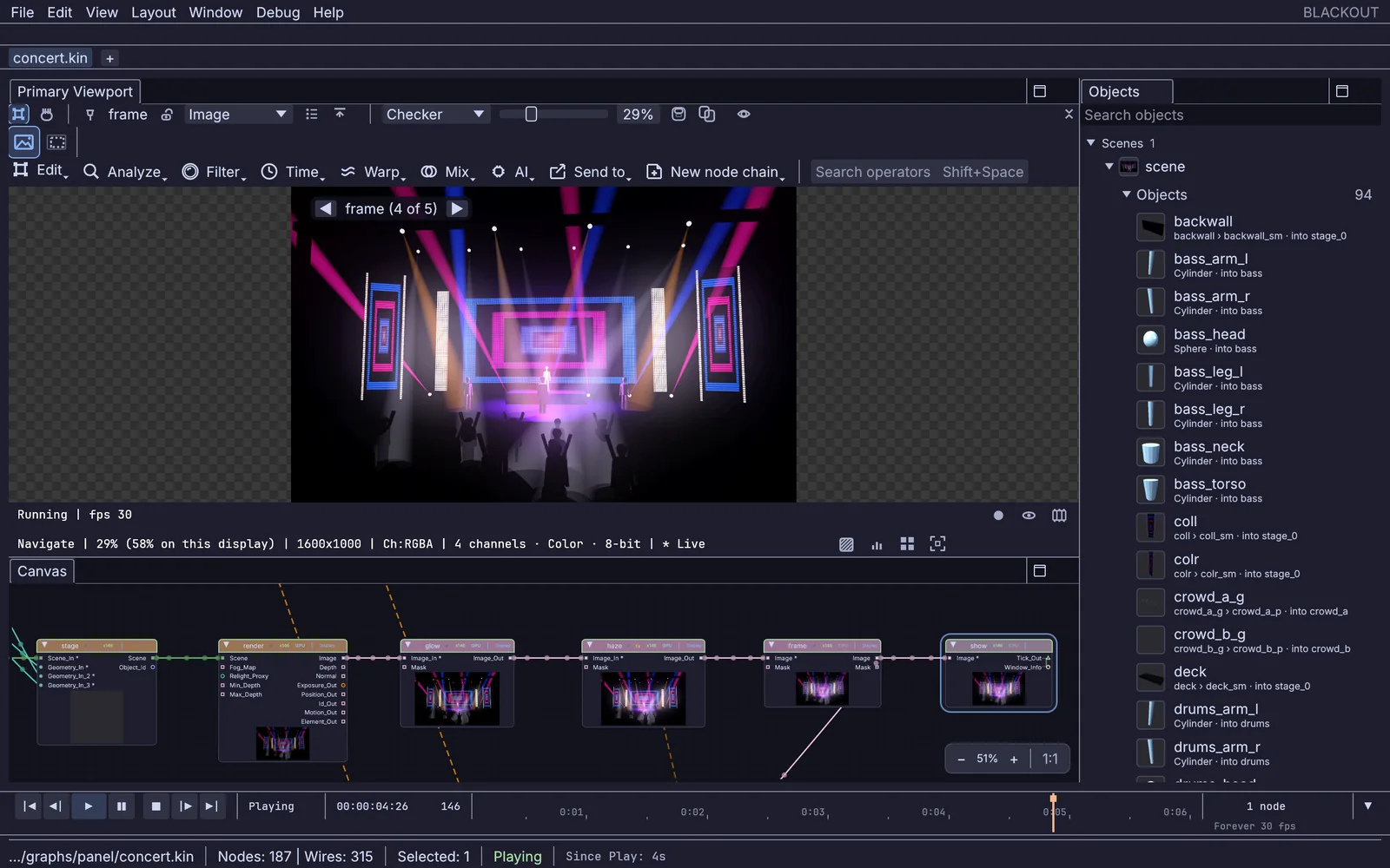 The editor: a concert stage in the viewport, its nodes on the canvas, Objects on the right