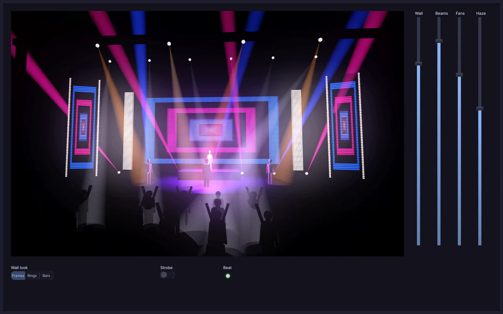Perform Mode showing only a control panel: the stage picture, four faders, a strobe switch and the wall look