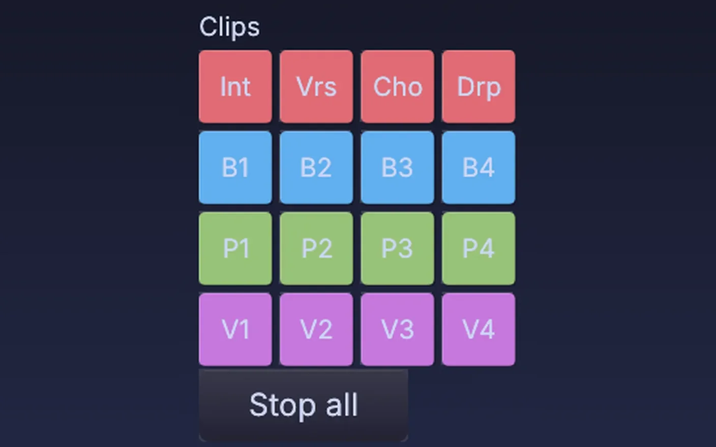 clip pads on a panel, one per clip and colored by track, ready to fire