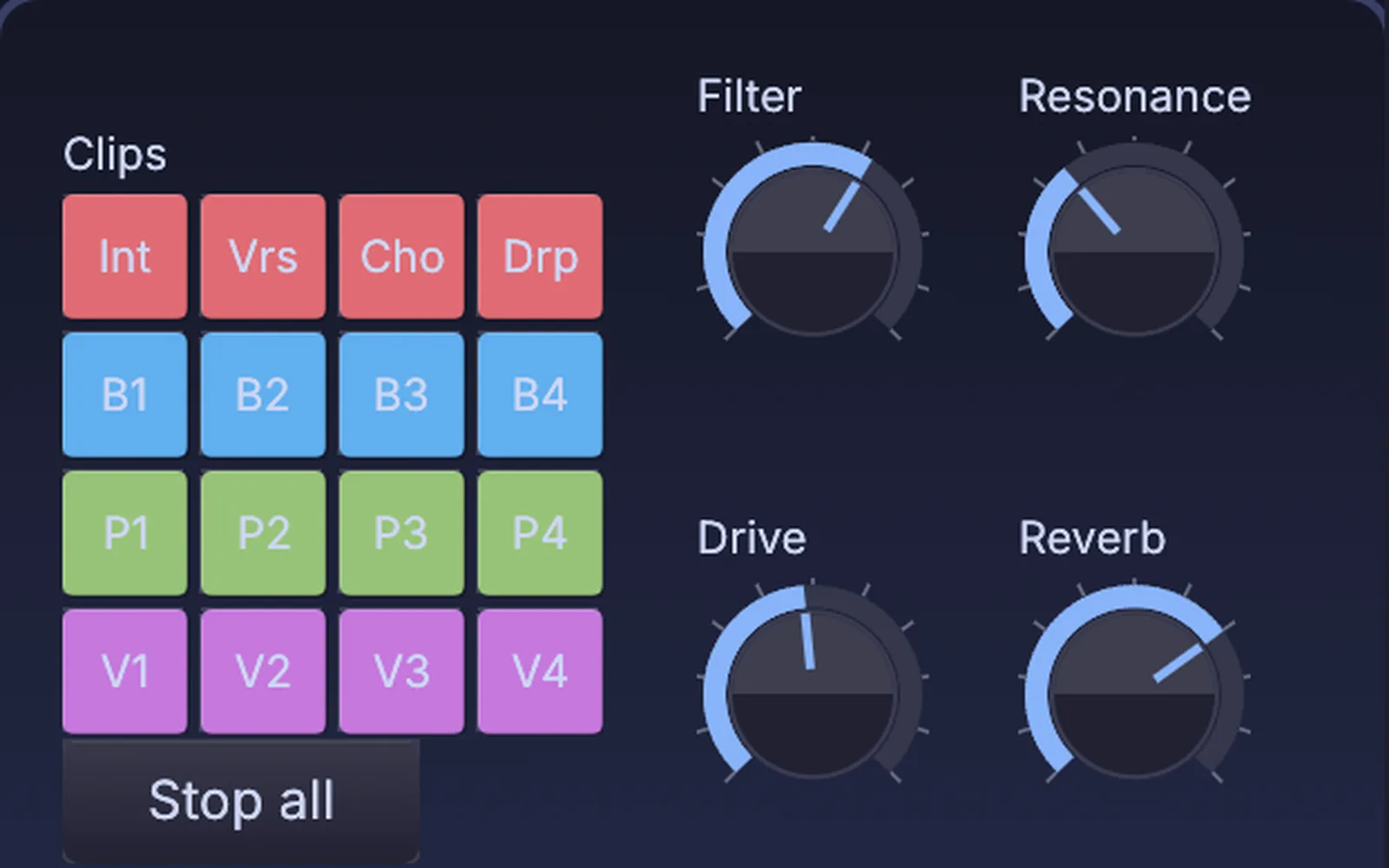 dials on a panel; Filter and Resonance are wired to a device knob in Live